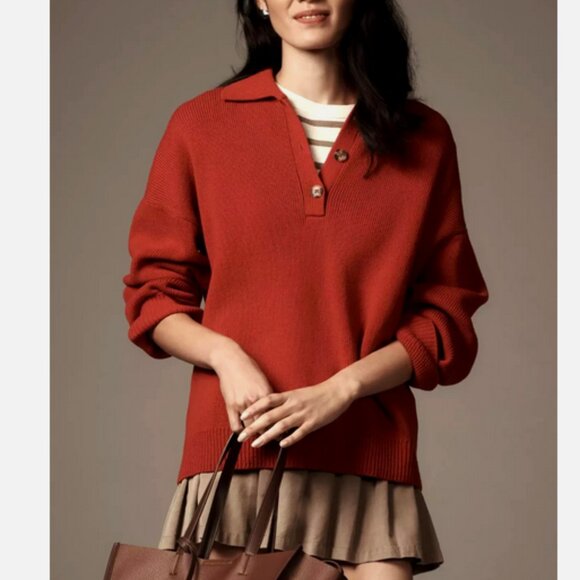 Reformation Anthropologie Brooklyn Polo Sweater Organic Cotton Sweater Red XS - Picture 2 of 10